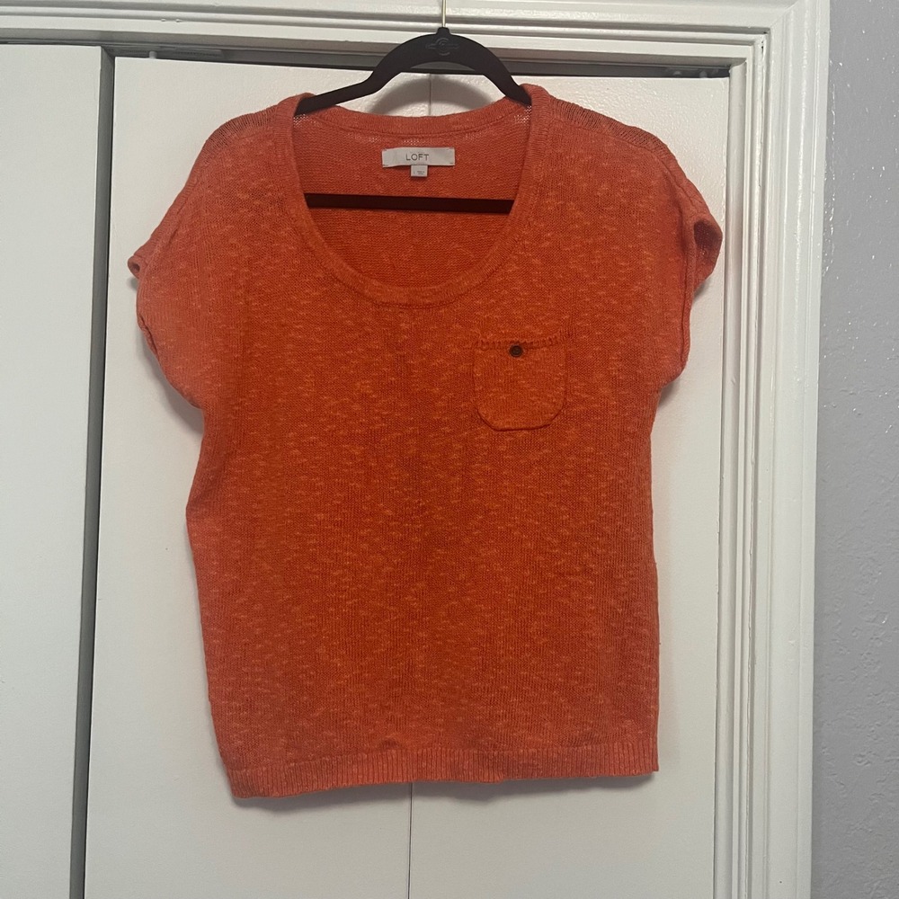 Loft Womens Orange Marled Knit Scoop Neck‎ Short Sleeve Sweater Pocket Size L